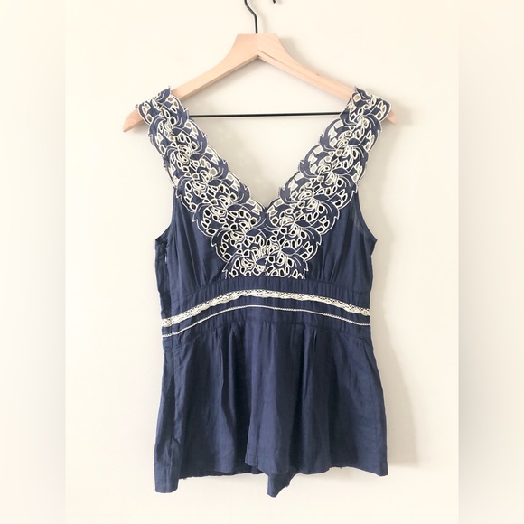 Floreat - Anthropologie Navy and Cream Lace Cotton Blouse - Size XS - Picture 4 of 9